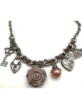 Y2k Von Maur Soft Girl Charm Necklace Cottage Eclectic Whimsical Rose Heart Key